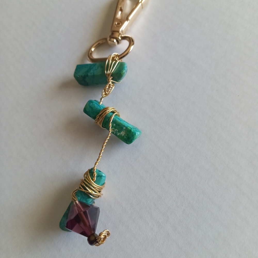 Green turquoise gemstone crystal gold Keychain hand crafted purse charm